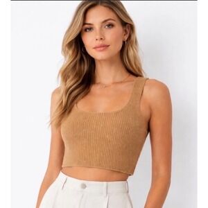 Everlane Womens Ribbed Wool Blend Crop Tank Top Camel Brown Square Neck Small